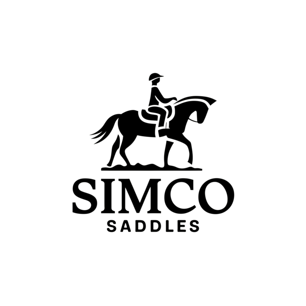 Logo for Simco Saddles company, featuring a silhouette of a person riding a horse.